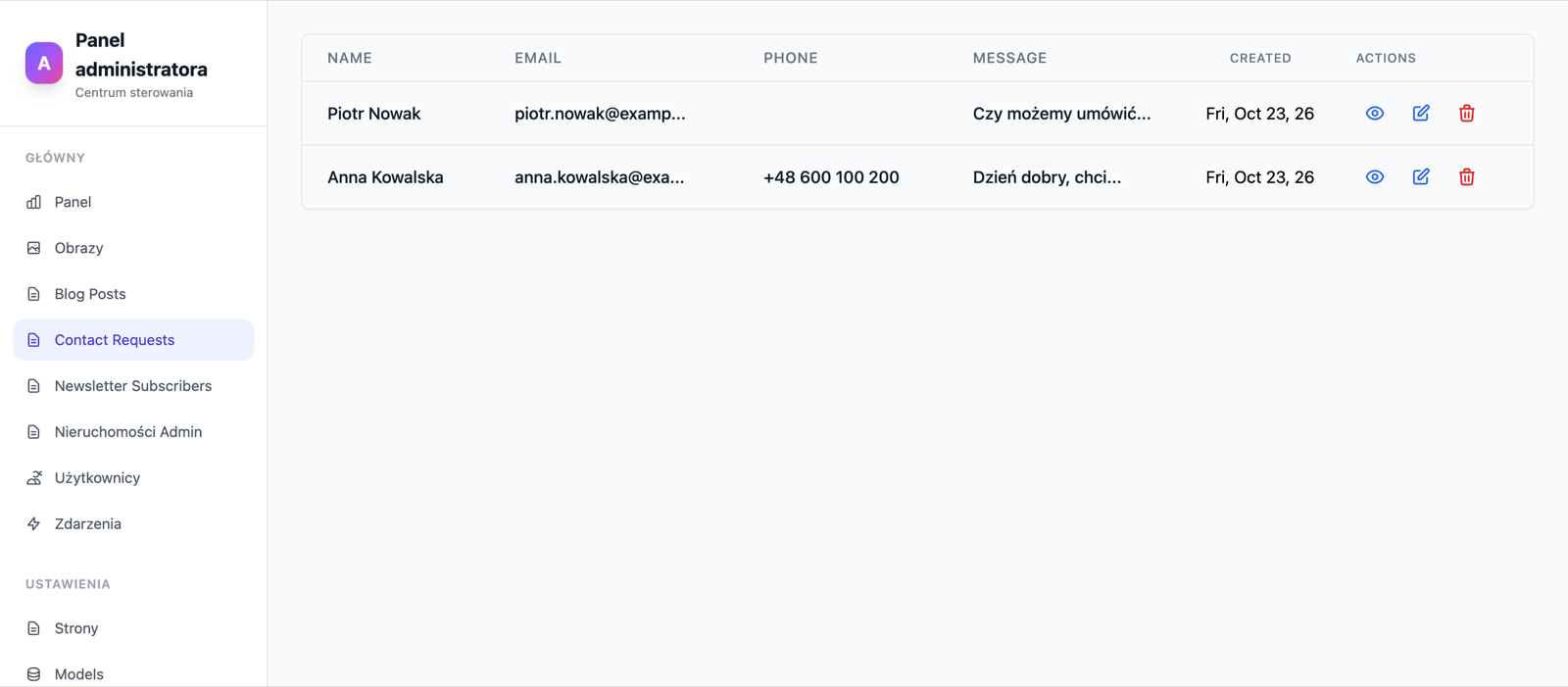 Lista zgłoszeń z formularza kontaktowego