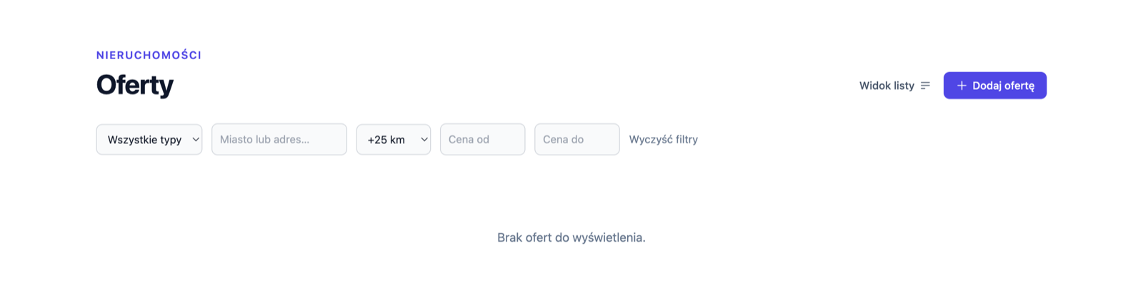Strona z ofertami i filtrem