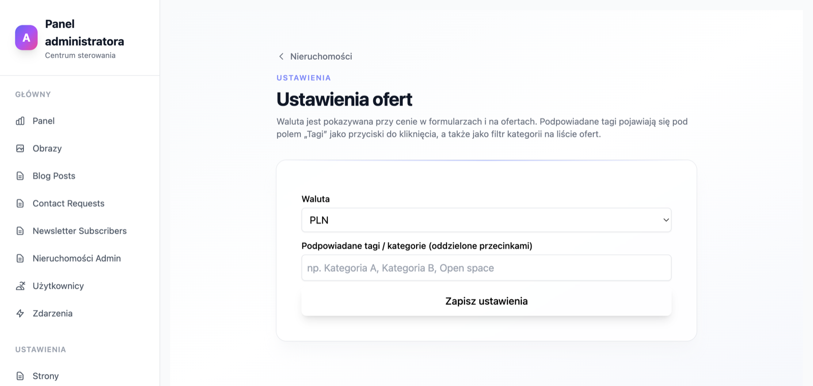 Ustawienia wtyczki Nieruchomości: waluta i podpowiadane tagi