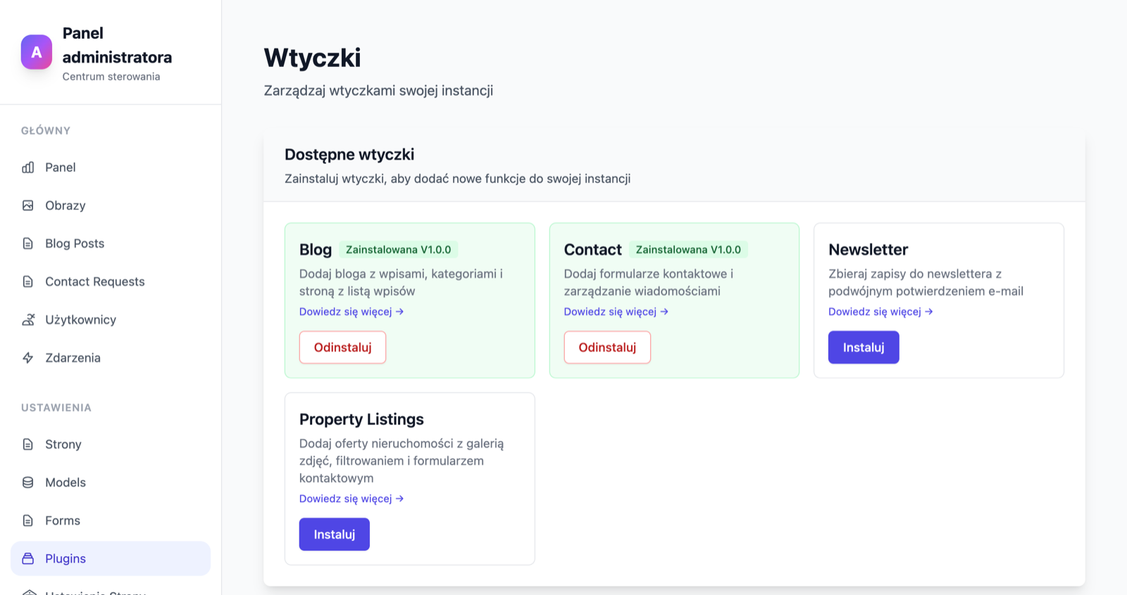 Lista wtyczek w panelu administracyjnym
